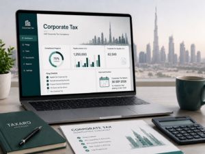 Corporate Tax dashboard on a laptop with UAE business documents, showing tax reporting and compliance for small businesses in the UAE