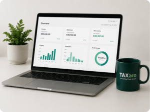 Laptop showing financial charts and bookkeeping reports for a small business in the UAE