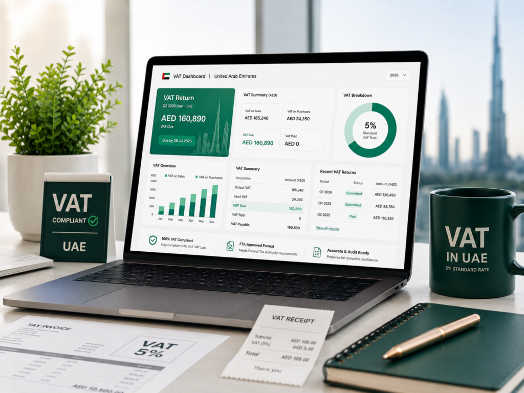 VAT dashboard on a laptop with UAE VAT documents, showing VAT compliance and 5% VAT rate for small businesses in the UAE